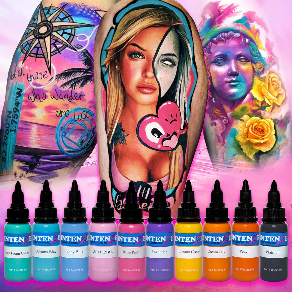 Pastel 1/2oz Color Set - Intenze Tattoo Ink - 10 Bottles - Monster Steel