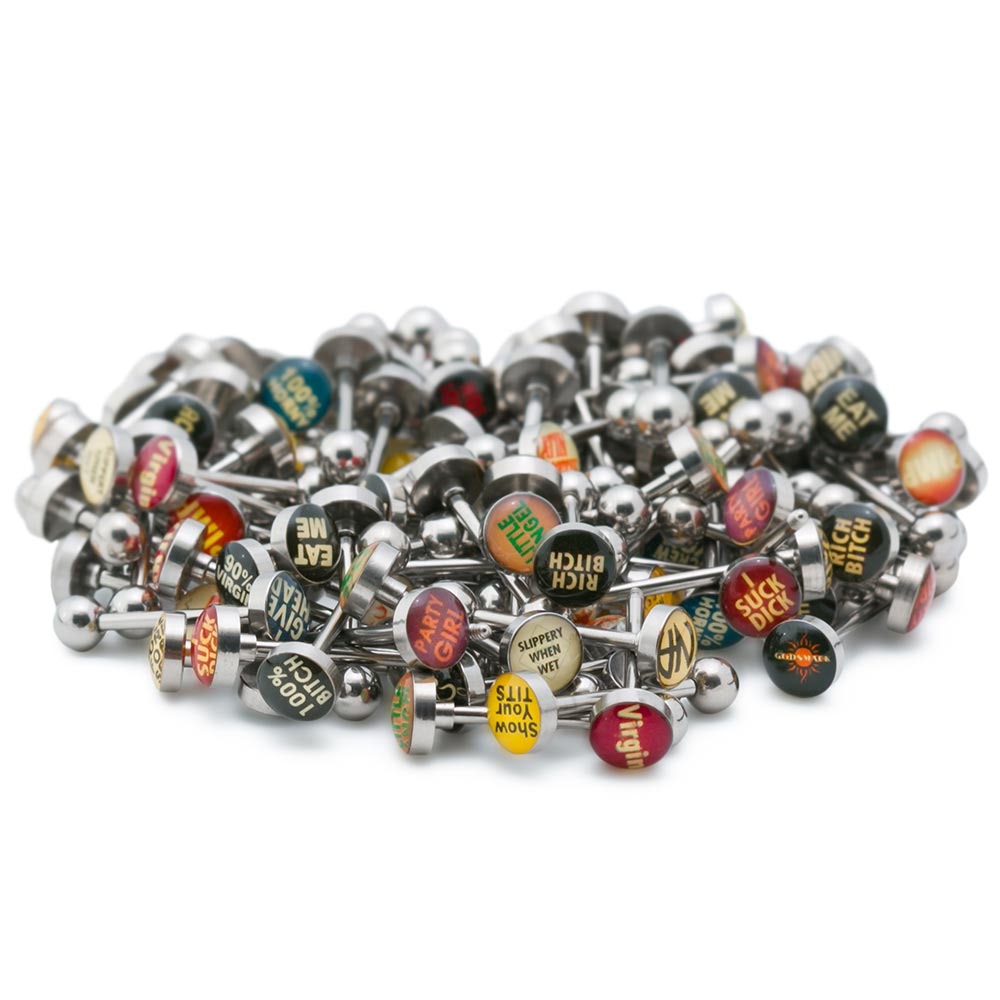 14g 5/8" Mixed Logo Flat Top Tongue Ring Jewelry Pictures & Words — Price Per 10 - Monster Steel