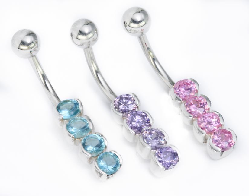 14g 3/8" Sterling Silver 4 Round Gems Belly Jewelry - Monster Steel