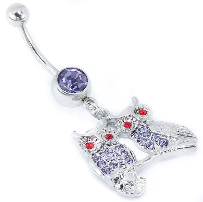 14g 7/16" SINGLE GEM LAVENDER Navel with OWLS on BRANCH Dangle Jewelry - Monster Steel