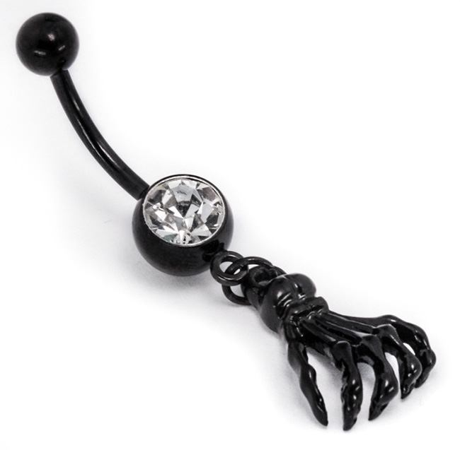 14g 7/16" BlackOut Navel Single Gem with Skeleton Hand - Monster Steel