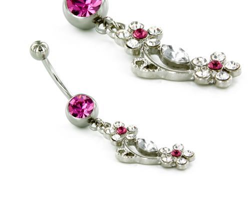 14g 7/16" Single Gem Navel with CZ Flowers - Monster Steel