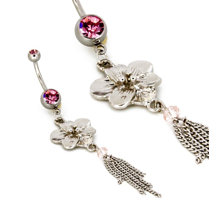 Pink Flower Dangle 14g 7/16" Belly Button Jewelry - Monster Steel