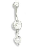 14g 7/16" Crystal Jewel with Trapped Pearl-like Heart Navel Ring - Monster Steel