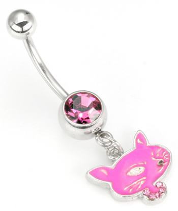14g 7/16" Pink Mischievous Kitty Dangle Belly Button Ring - Monster Steel
