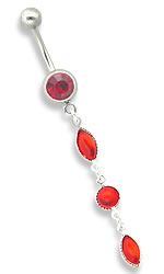 14g 7/16" Jewel with 3 Glass Charm Dangle Belly Button Ring - Monster Steel