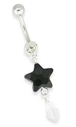 14g 7/16" Crystal Jewel with Black Star Dangle Belly Button Ring - Monster Steel