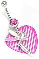 14g 7/16" Pink Jewel with Tinker Fairy Dangle Belly Button Ring - Monster Steel