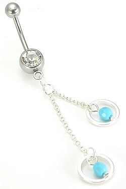 14g 7/16" Crystal Jewel with Aqua Ring Double Dangle Belly Butotn Ring - Monster Steel