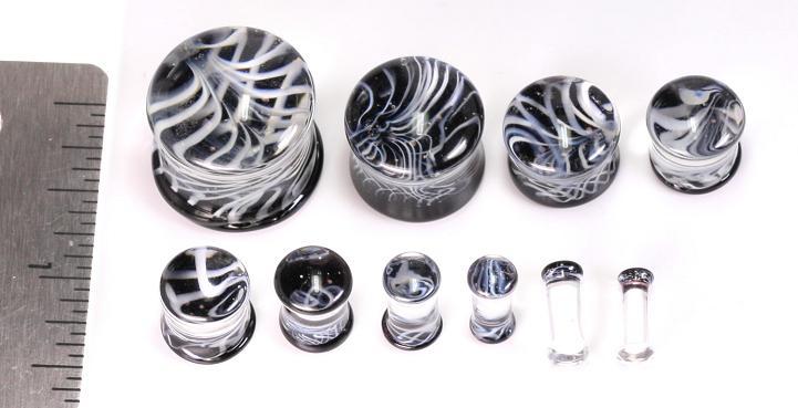 Black and White Double Flared Glass Plug — Price Per 1 - Monster Steel