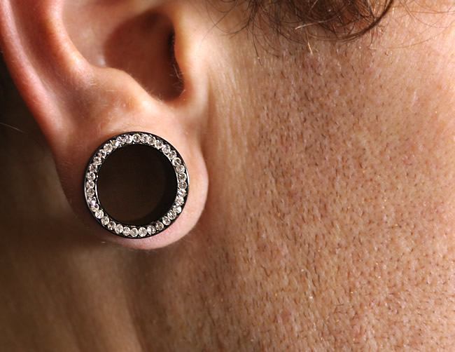 Crystal Jeweled Rim PVD Black Steel Threaded Tunnel — Price Per 1 - Monster Steel