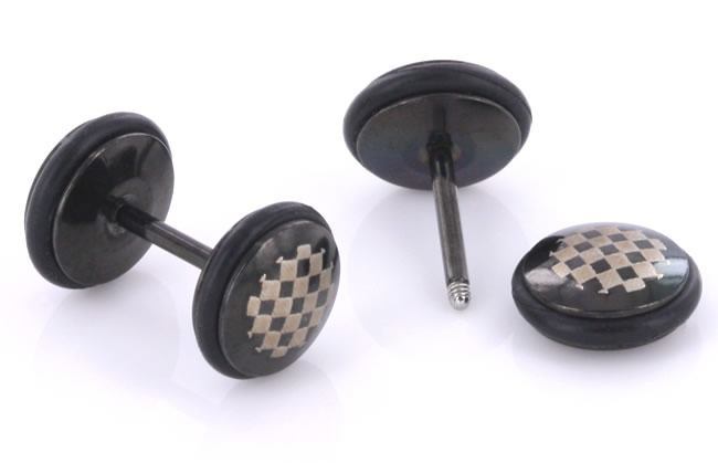 CHECKERS on Black Fake Illusion Piercing Plug - 16g thin post - Price Per 1 - Monster Steel