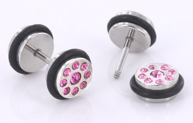 FAKE PLUG 9 Stone Pink BLING Fake Piercing - 16g thin post - Price Per 1 - Monster Steel