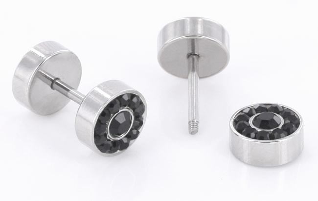 FAKE PLUG 12 Stone Black BLING Fake Piercing - 16g thin post - Price Per 1 - Monster Steel