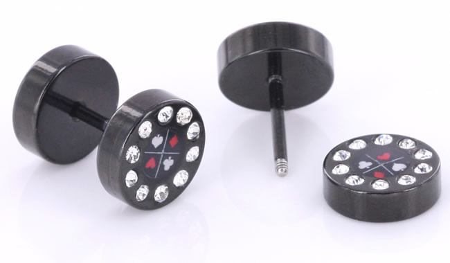 FAKE PLUG 10 Stone Black POKER Fake Piercing - 16g thin post - Price Per 1 - Monster Steel