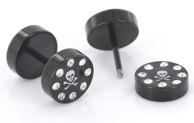 FAKE PLUG 8 Stone Black Fake Piercing SKULL n BONES - Price Per 1 - Monster Steel