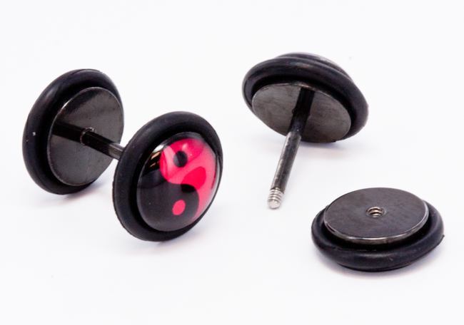 RED YING YANG on Black Fake Illusion Piercing Plug - Price Per 1 - Monster Steel