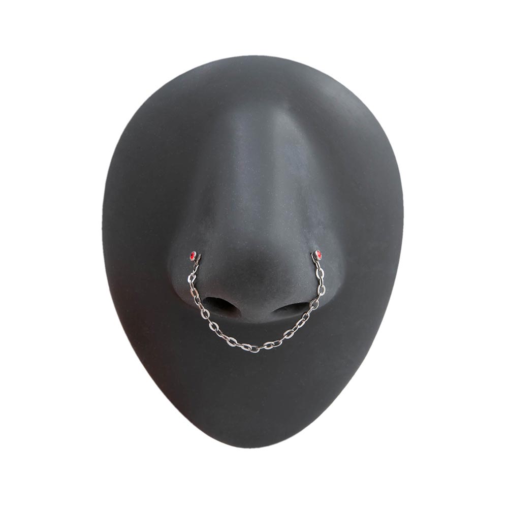 Jeweled Steel Nose Bones with Chain — Crystal on Silicone Nose Body Bit — Front View