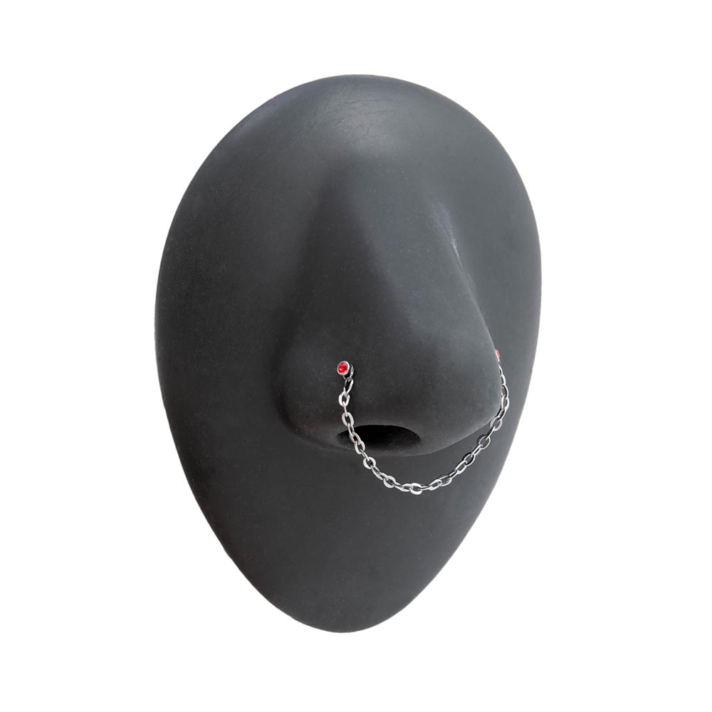 Jeweled Steel Nose Bones with Chain — Crystal on Silicone Nose Body Bit — Side View