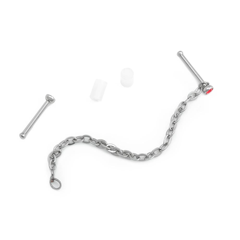Jeweled Steel Nose Bones with Chain — Light Red on Silicone Nose Body Bit