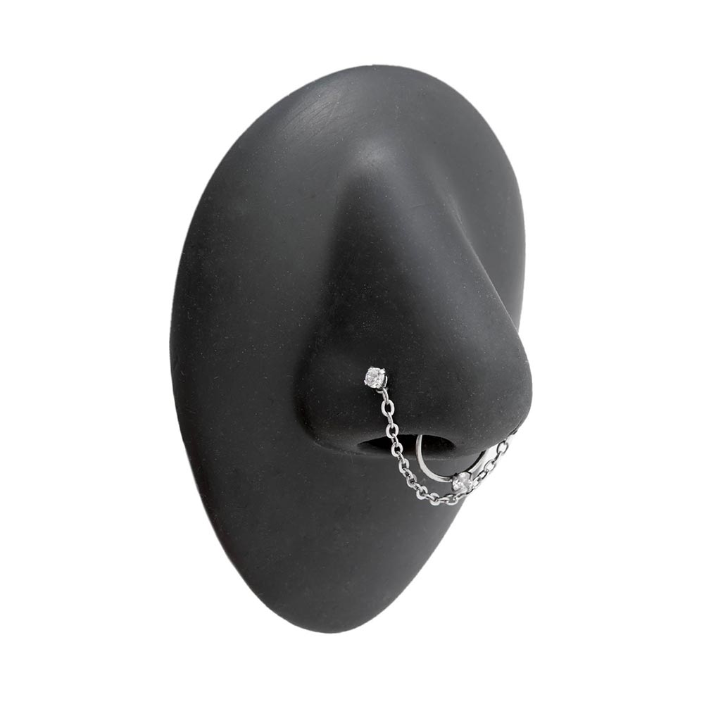 Crystal Nose Bone Chain and Ring Jewelry Set on Silicone Nose Body Bit — Side View