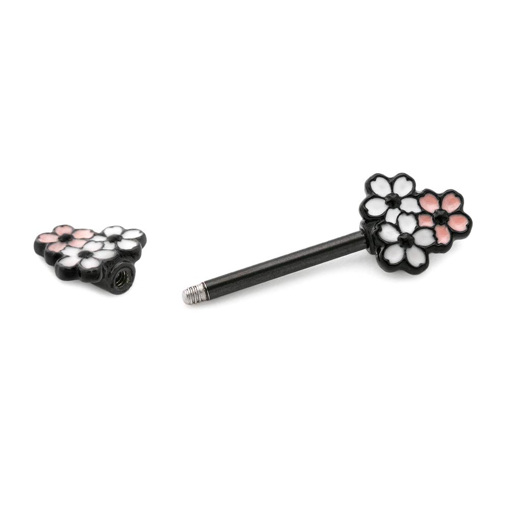 14g 13.3mm Cherry Blossoms PVD Black Nipple Barbell — Price Per 1 (On Model)