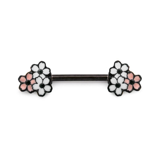 14g 13.3mm Cherry Blossoms PVD Black Nipple Barbell — Price Per 1