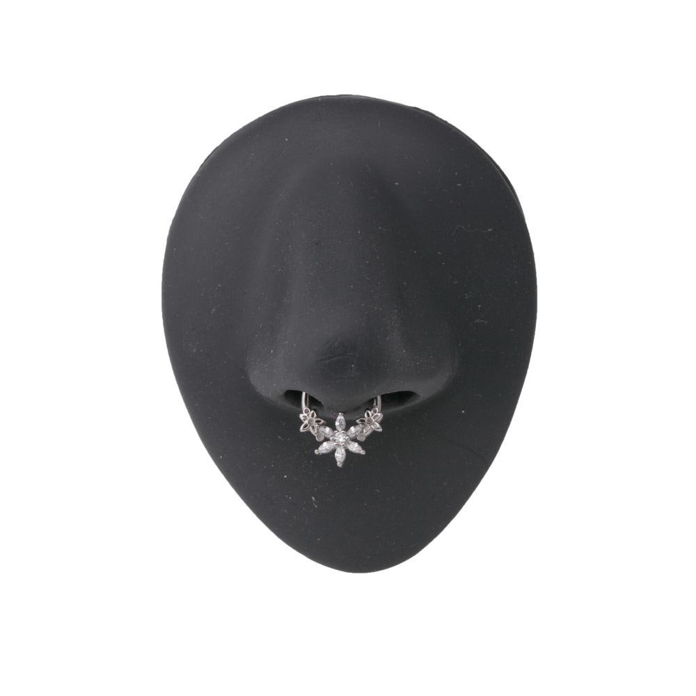 16g Steel Septum Clicker with Crystal-Petaled Trinity Flower Design — Clicker Mechanism Unlatched