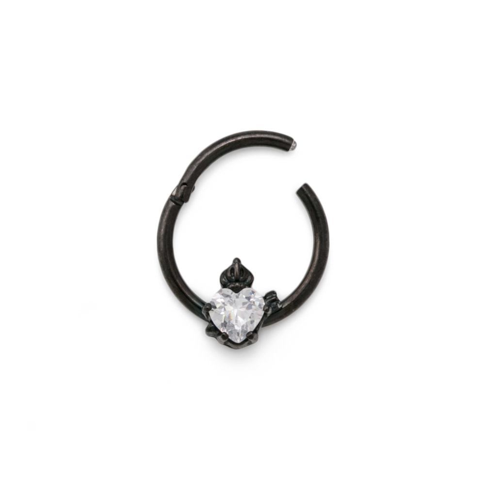 16g Royal Crystal Jewel Heart PVD Black Steel Septum Clicker - Monster Steel