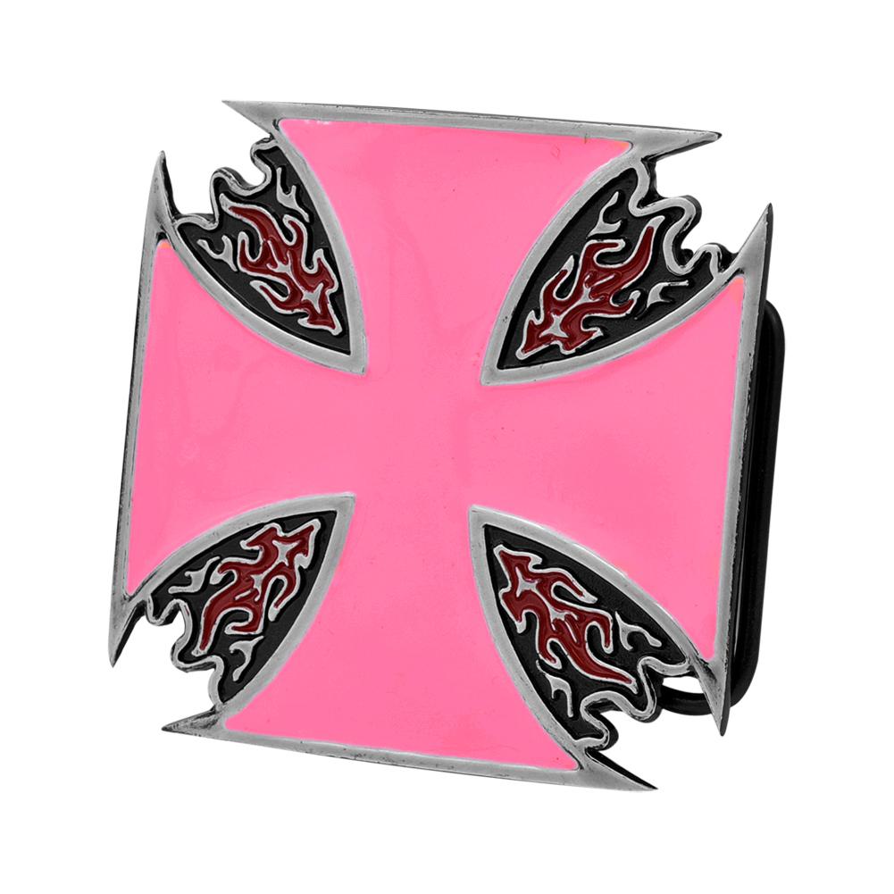 Pink Enamel Maltese Cross & Flames Belt Buckle - Monster Steel