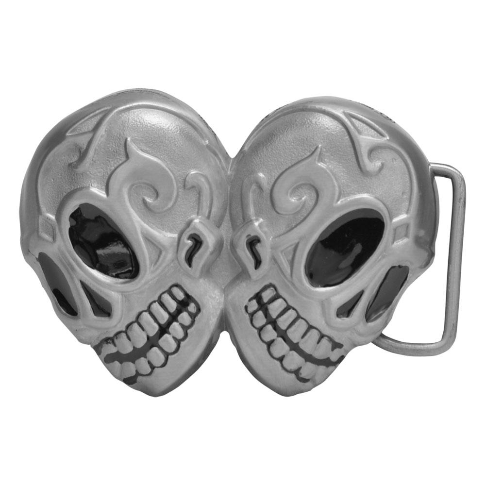 Double Mexican Sugar Skull Day of Dead Black Silver Belt Buckle - Monster Steel