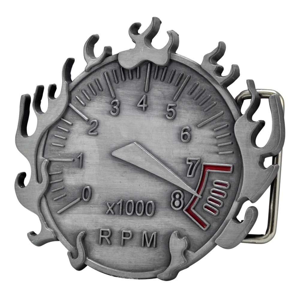 Men's Flaming RPM Redline Gauge x100 Fast Cars Belt Buckle - Monster Steel