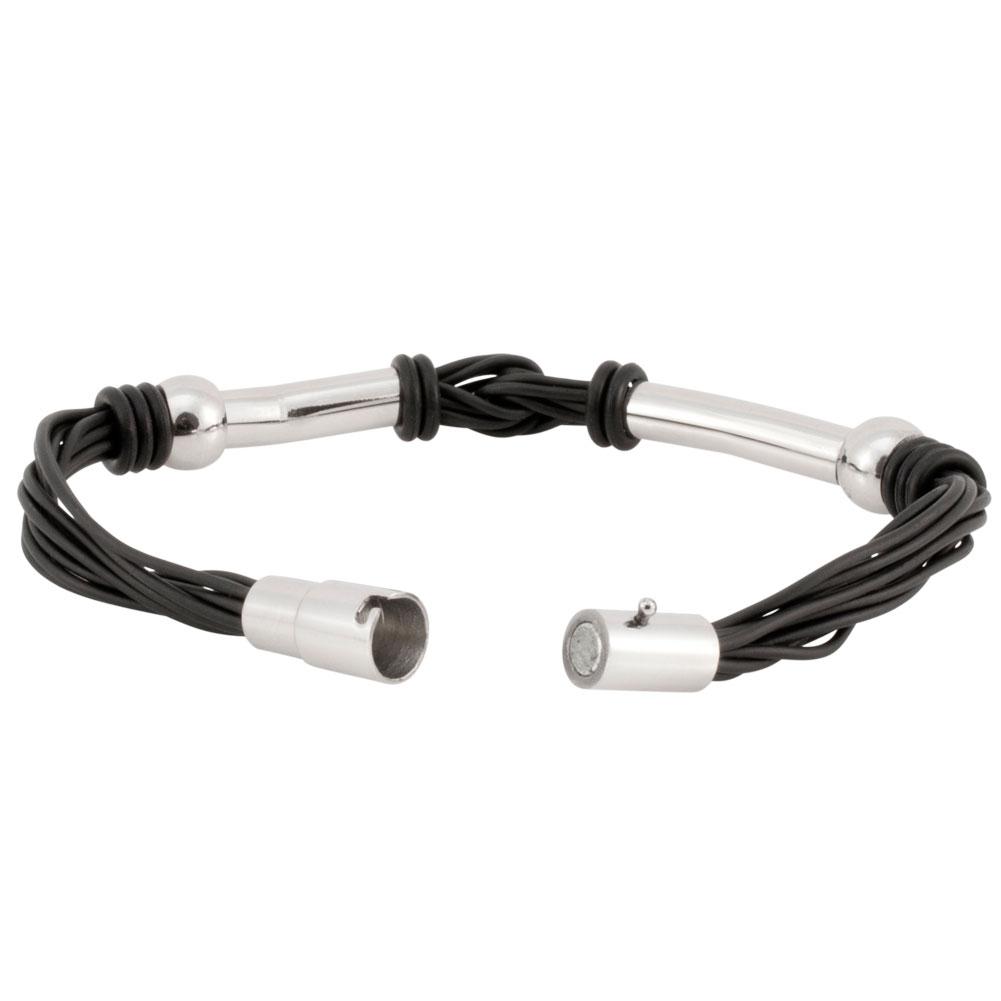 Stainless Steel and Black Rubber Strand Bracelet