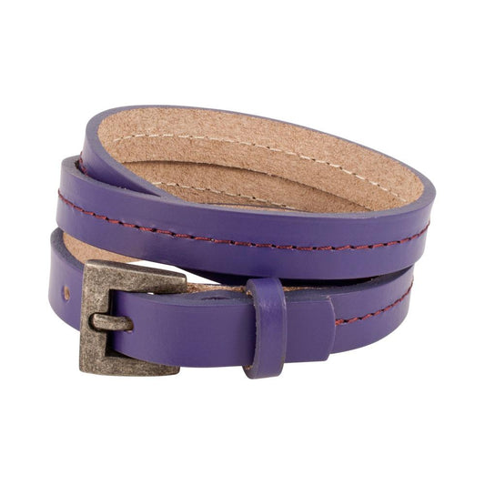 Purple Triple Wrap Belt Buckle Stitched Leather Bracelet
