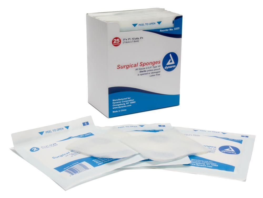 Dynarex 12 ply 2's Sterile Gauze, 3" x 3" - Box of 25 - Monster Steel