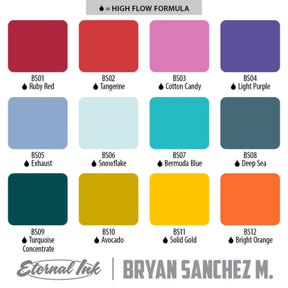 Eternal Tattoo Ink - Bryan Sanchez M. Watercolor Ink Set of 12 - 1oz Bottles - Monster Steel