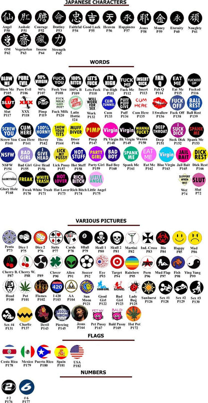 14g 5/8" Mixed 8mm Logo Tongue Ring Pictures & Words - Price Per 10 - Monster Steel