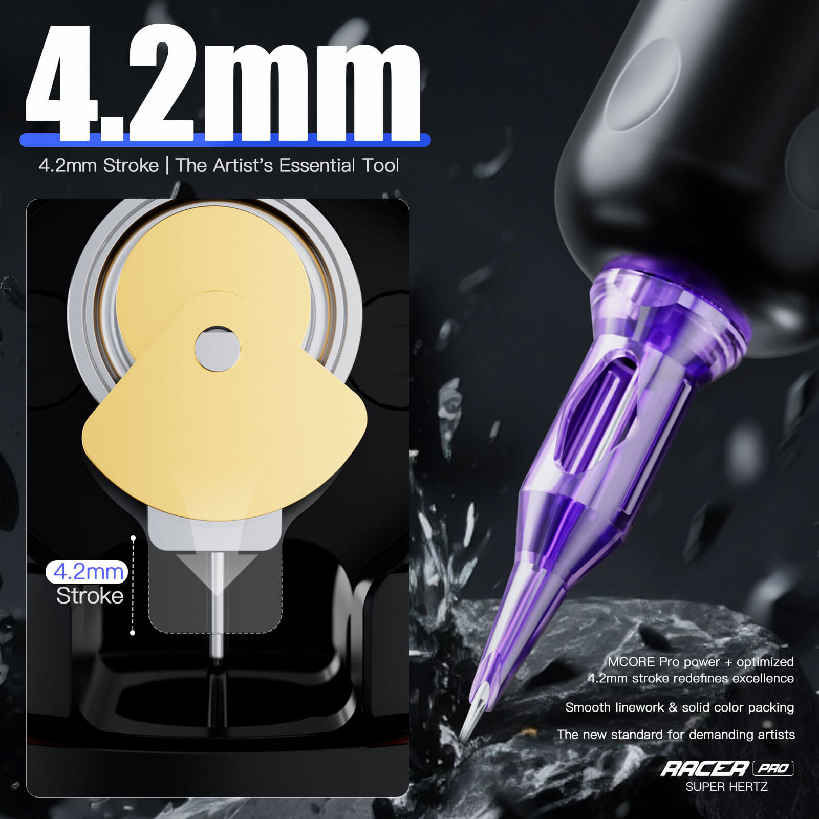 Dragonhawk Mast Racer Pro Wireless Tattoo Pen Machine — Black — 4.2mm Stroke - Monster Steel