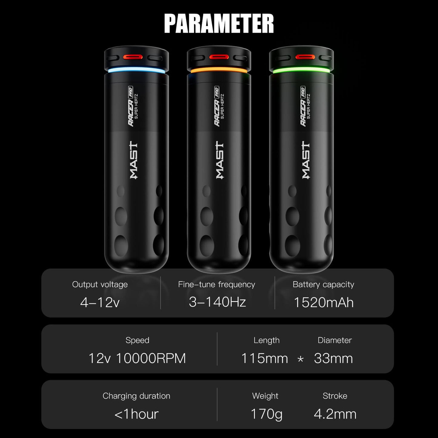 Dragonhawk Mast Racer Pro Wireless Tattoo Pen Machine — Black — 4.2mm Stroke - Monster Steel