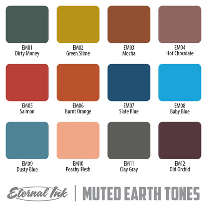 Eternal Tattoo Ink - Muted Earth Tone Color Set of 12 - 1oz Bottles - Monster Steel