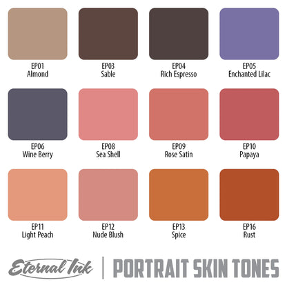 Eternal Tattoo Ink - Portrait Skin Tone Color Set of 12 - 1oz Bottles - Monster Steel