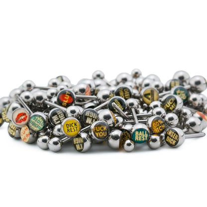 14g 5/8" Mixed 8mm Logo Tongue Ring Pictures & Words - Price Per 10 - Monster Steel