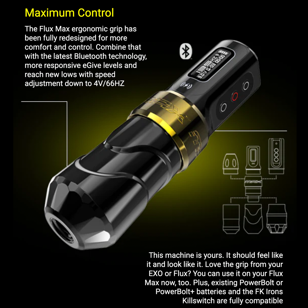 FK Irons Flux Max Tattoo Machine with 2 PowerBolt 2.0 — Pick Color and Stroke Length - Monster Steel