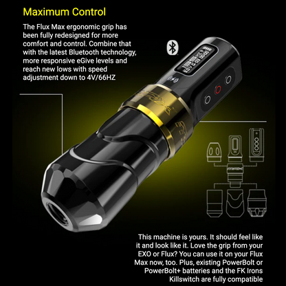 FK Irons Flux Max Tattoo Machine with 2 PowerBolt 2.0 — Pick Color and Stroke Length - Monster Steel