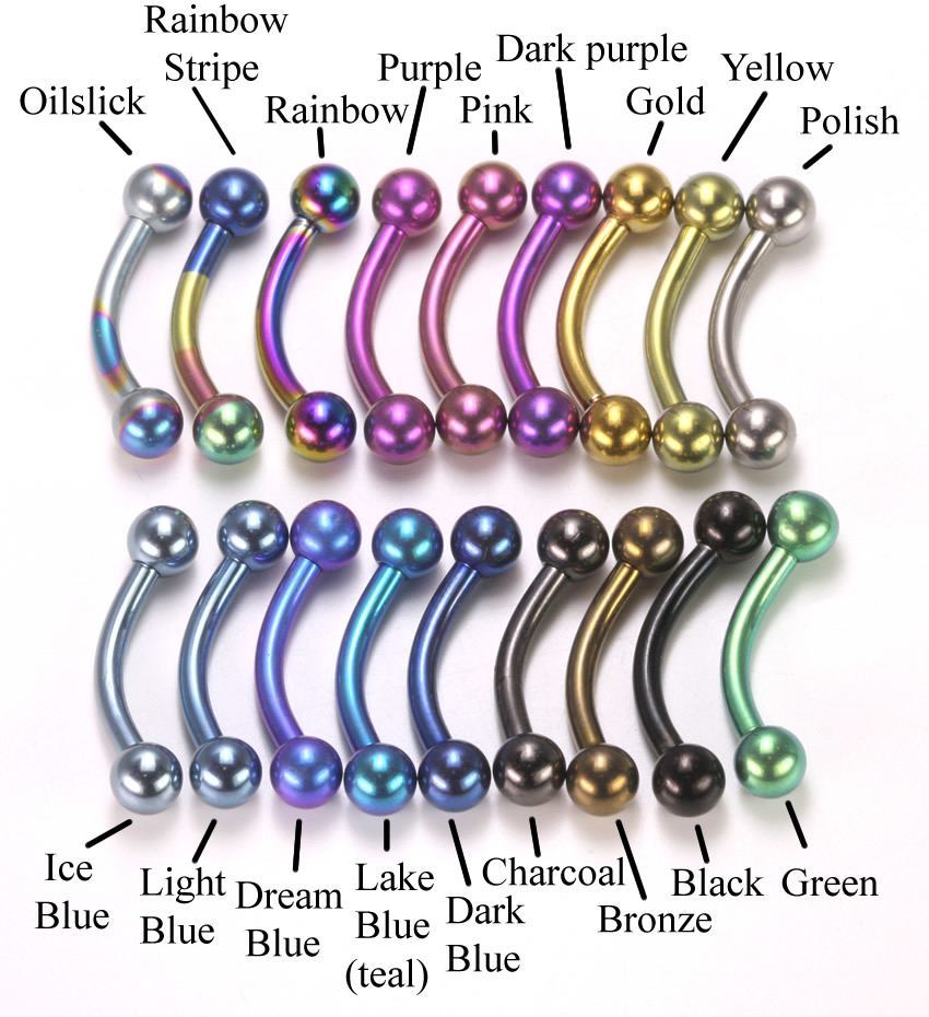14g Titanium Bent Barbell with Titanium Balls - Color Chart
