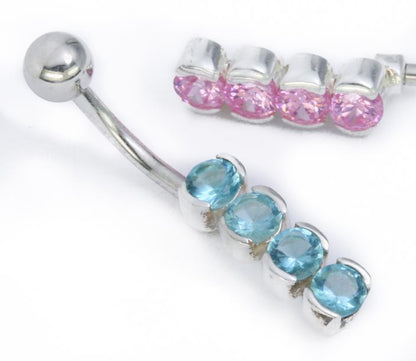 14g 3/8" Sterling Silver 4 Round Gems Belly Jewelry - Monster Steel