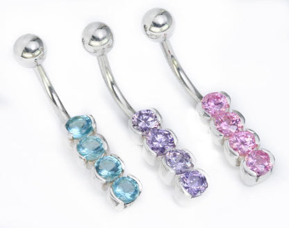 14g 3/8" Sterling Silver 4 Round Gems Belly Jewelry - Monster Steel