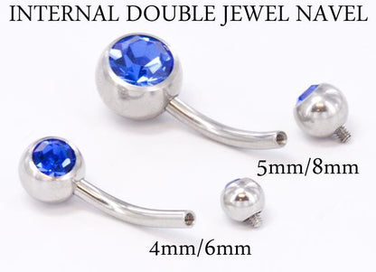 14g 7/16" Internal Double Gem Jeweled Belly 4mm/6mm - Monster Steel