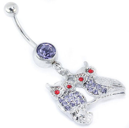 14g 7/16" SINGLE GEM LAVENDER Navel with OWLS on BRANCH Dangle Jewelry - Monster Steel