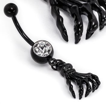 14g 7/16" BlackOut Navel Single Gem with Skeleton Hand - Monster Steel